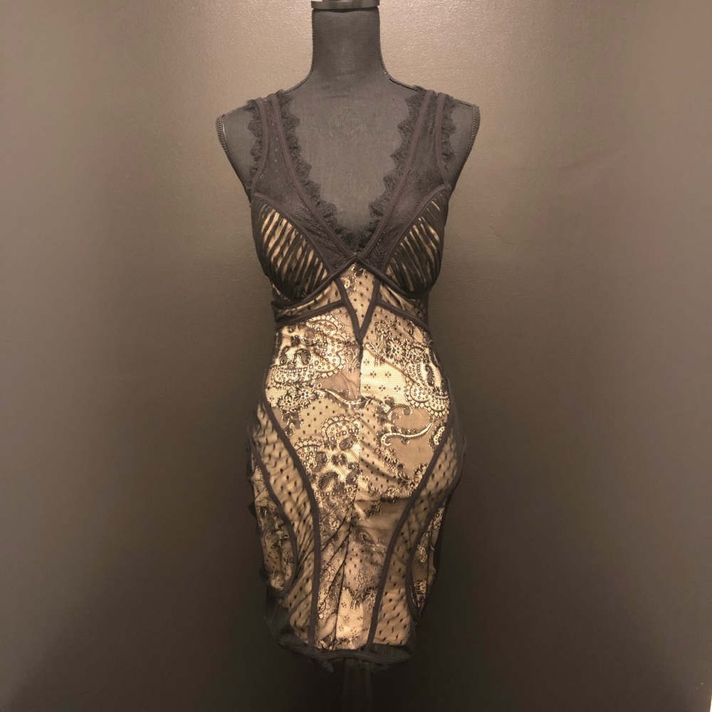 bebe Nude Dress With Black Lace Overlay
